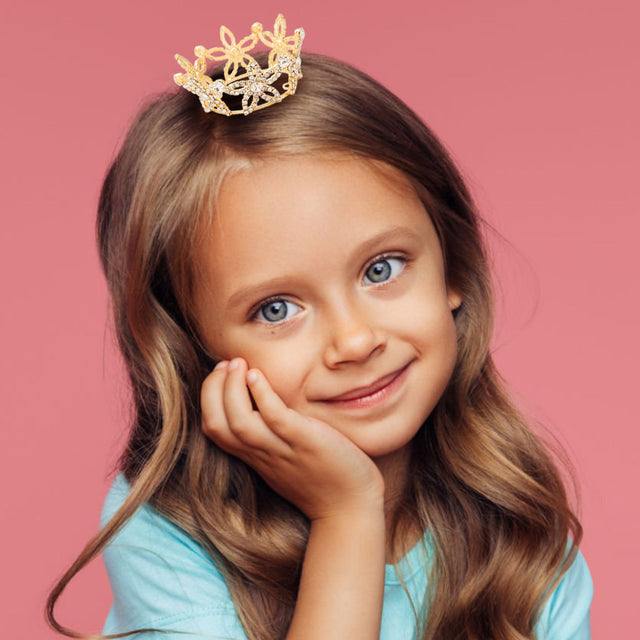 Madeline Love Clear, Gold Rhinestone Pave Flower Mini Crown Tiara - Hair Accessories
