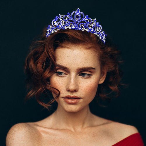 Teardrop Stone Pointed Rhienstone Paved Princess Tiara - Sapphire, Silver