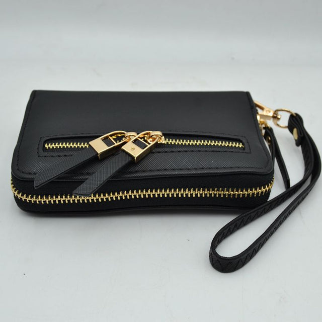 Structured Dual Zipper Wristlet Wallet Clutch with Removable Strap - Black - Clutch Bags