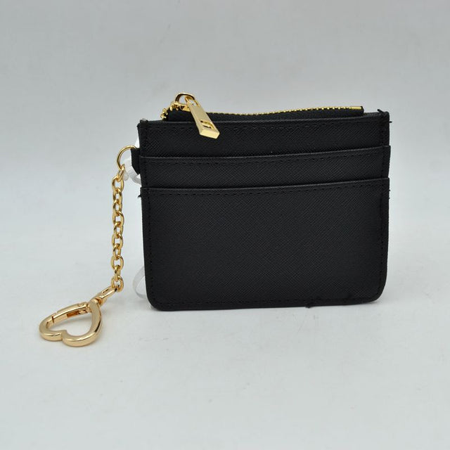Slim Card Holder Wallet with Zipper Pocket and Heart Keyring - Black - Bags & Wallets