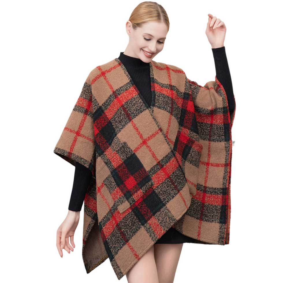 Tan Beautiful Plaid Check Patterned Poncho, with the latest trend in ladies' outfit cover-up! the high-quality knit check patterned poncho is soft, comfortable, and warm but lightweight. It's perfect for your daily, casual, evening, vacation, and other special events outfits. A fantastic gift for your friends or family.