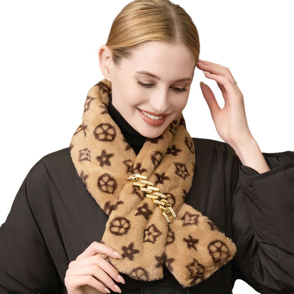Tan Faux Fur Patterned Chain Pull Through Scarf, delicate, warm, on-trend & fabulous, a luxe addition to any cold-weather ensemble. Great for daily wear in the cold winter to protect you against chill. Perfect Gift for Wife, Mom, Birthday, Holiday, Christmas, Anniversary, Fun Night Out. Happy Winter!