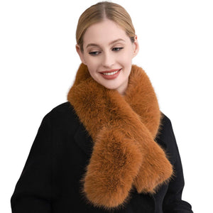 Tan Faux Fur Solid Pull Through Scarf. Keep cozy and stylish with this Scarf. Crafted from luxurious faux fur, this scarf will provide you with comfort and unparalleled warmth in winter. Thoughtful and stylish gift for fashion loving friends and family members, special ones, colleagues, or Secret Santa gift exchange. 