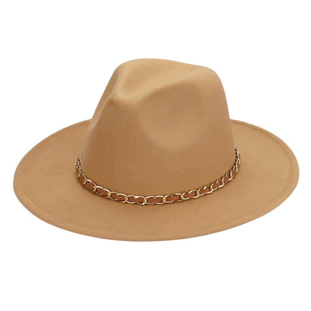 Tan-Faux Leather Braided Chain Band Pointed Fedora Hat offers a sleek and stylish accessory for any outfit. Made with high quality materials, the faux leather and braided chain band add a touch of sophistication to the classic pointed fedora shape. Upgrade your look with this trendy and durable hat.