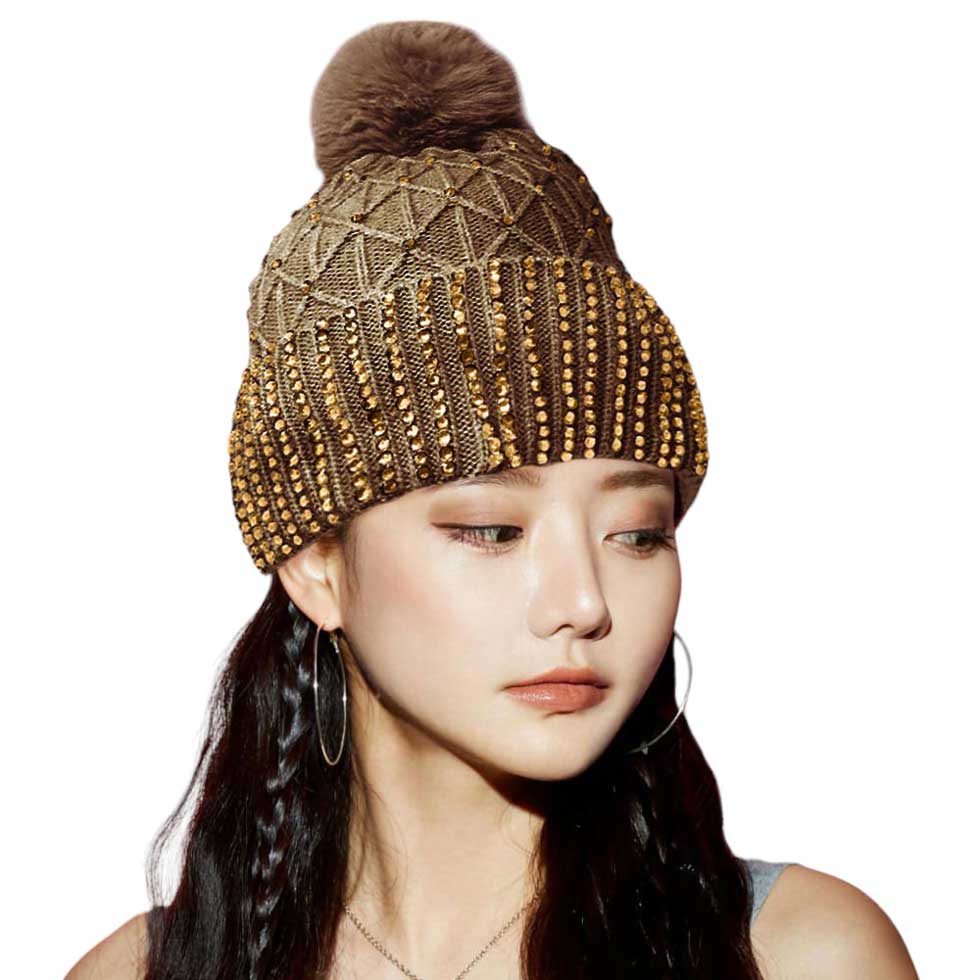 Tan Fleece Lining Rhinestone Embellished Pom Pom Beanie Hat. Stay warm and stylish with this. Made of a cozy knit blend and featuring a luxurious rhinestone embellishment, this hat provides a fashion-forward look while keeping you warm and comfortable. Perfect seasonal gift idea for fashion-loving close people!