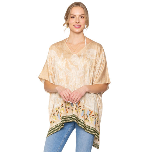 Leaf Print Cover Up Poncho - Tan