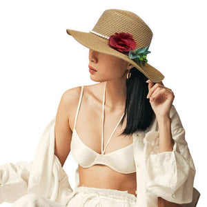 Tan Pearl Band Rose Corsage Pointed Raffia Sun Hat, Elevate your summer look with our stylish and trendy sun hat. The chic design features a delicate pearl band and a beautiful rose corsage, perfect for any occasion. Crafted from high-quality raffia, this sun hat offers both style and protection from the sun's harmful rays