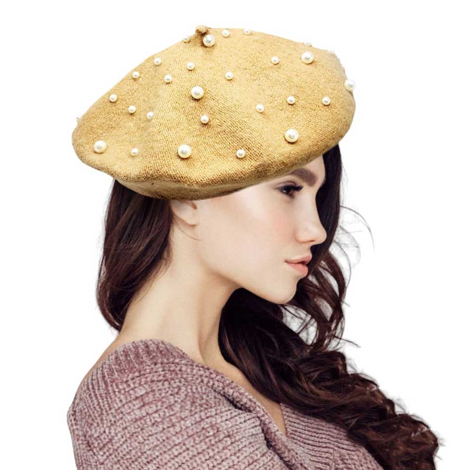 Tan-Pearl Embellished Tam Beret Hat, Featuring a classic beret design, this stylish hat is adorned with elegant pearls for a touch of sophistication.Adding a touch of glamour to any outfit, this hat is a must-have accessory for any fashion-forward individual.Upgrade your style today with our Pearl Embellished Tam Beret Hat