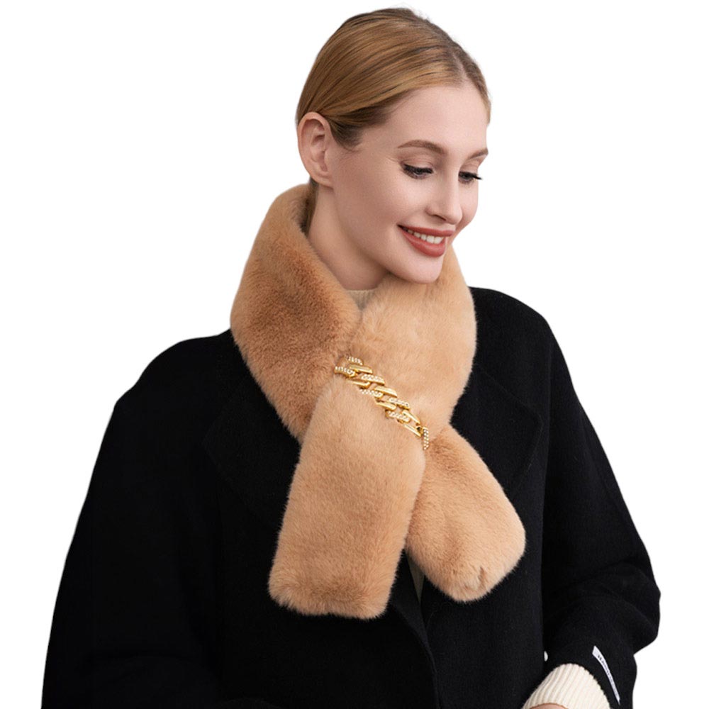 Tan Solid Faux Fur Chain Pull Through Scarf, provides warmth and comfort without compromising on trend. Crafted from a luxuriously soft faux fur material, it comes with a long chain for a stylish pull-through design. Perfect gift item for family members, friends, or yourself on any occasion or just to make a surprise.