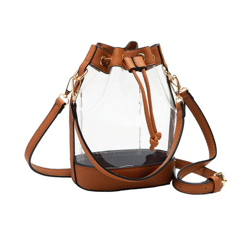 Solid Faux Leather Transparent Bucket Bag - Tan