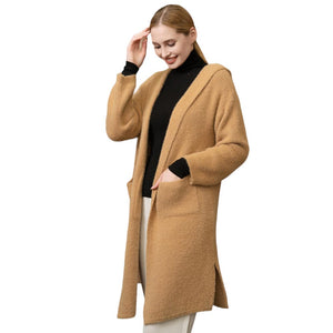 Tan Solid Soft Front Pockets Cardigan, delicate, warm, on-trend & fabulous, a luxe addition to any cold-weather ensemble. You can put your hands in its front pocket to keep yourself warm. You can throw it on over so many pieces elevating any casual outfit! Perfect Gift for wife, mom, birthday, holiday, etc.