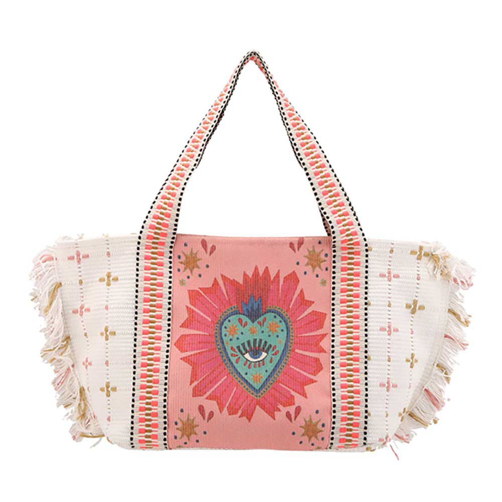Tassel Trim Boho Evil Eye Heart Pointed Tote Shoulder Bag, combines traditional evil eye and heart designs with a modern pointed shape. Perfect for everyday use, it adds a touch of bohemian chic to any outfit. The shoulder bag's tassel trim doubles as a good luck charm and ampule storage to carry your essentials.