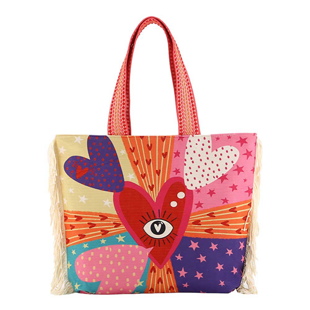 Tassel Trim Boho Evil Eye Heart Pointed Tote Shoulder Bag, combines traditional evil eye and heart designs with a modern pointed shape. Perfect for everyday use, it adds a touch of bohemian chic to any outfit. The shoulder bag's tassel trim doubles as a good luck charm and ampule storage to carry your essentials.