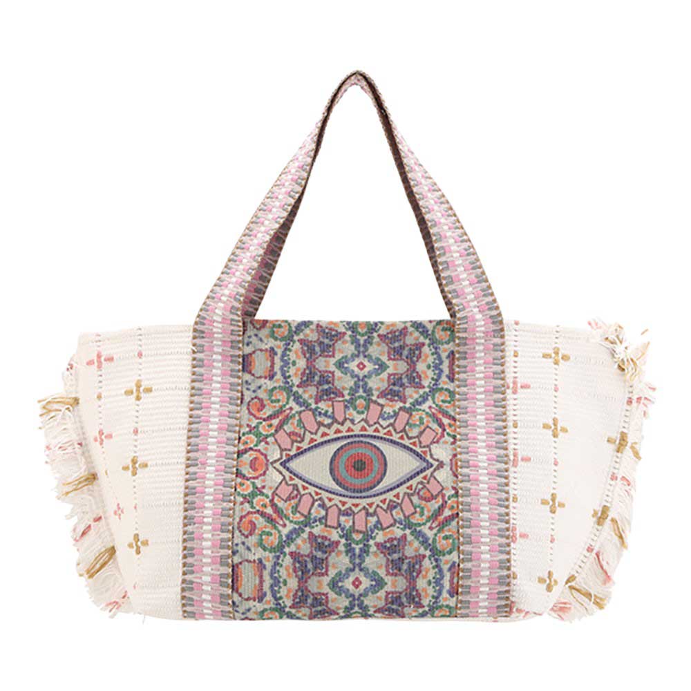 Tassel Trim Boho Evil Eye Pointed Tote Shoulder Bag, combines traditional evil eye and designs with a modern pointed shape. Perfect for everyday use, it adds a touch of bohemian chic to any outfit. The shoulder bag's tassel trim doubles as a good luck charm and ampule storage to carry your essentials.