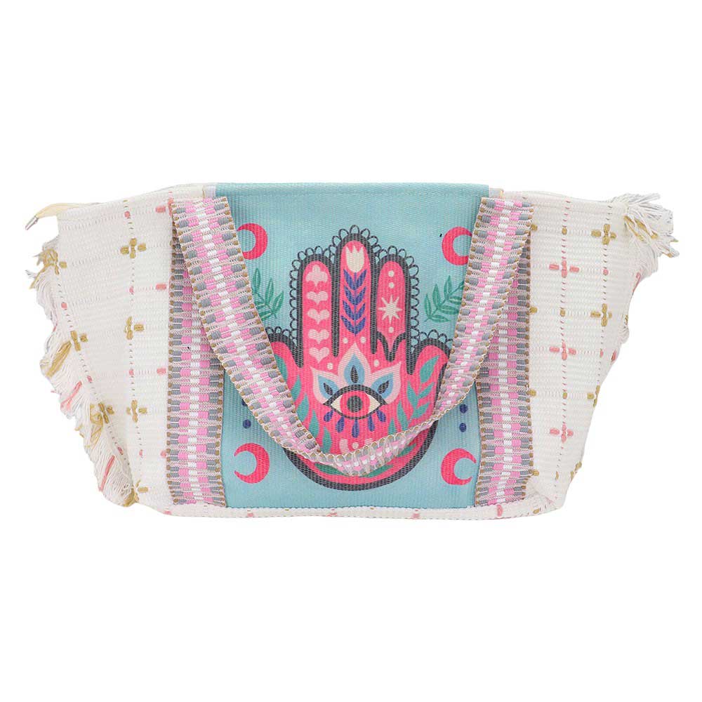 Tassel Trim Boho Hamsa Hand Pointed Tote Bag Shoulder Bag. Stay chic and boho with our 2-in-1 bag. Crafted with attention to detail and high-quality materials for durability, this bag is perfect for any outing. Its hamsa hand design adds a touch of spirituality, while the tassel trim gives a fun and stylish touch.