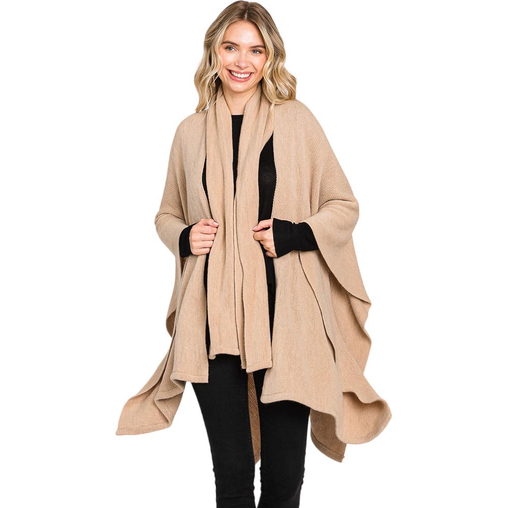 Taupe Attached Scarf Solid Cape Poncho With Neckline Tie, with the latest trend in ladies' outfit cover-up! the high-quality knit cape poncho is soft, comfortable, and warm but lightweight. It's perfect for your daily, casual, evening, vacation, and other special events outfits. A fantastic gift for your friends or family.