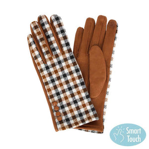 Taupe Buffalo Check Patterned Touch Smart Gloves, designed for comfort and usability. They are made with durable composite fabric. It features touch sensors at the fingertips that allow use of any touchscreen device. Excellent gift for tech user friends and family members, young adults, co-workers, or yourself.