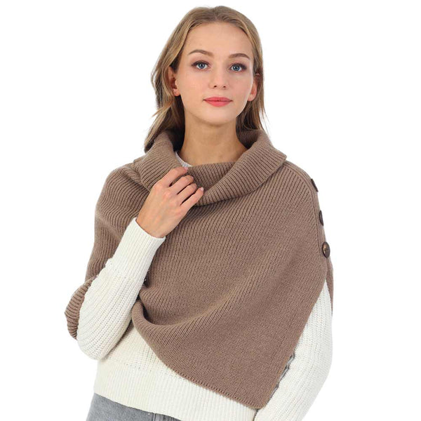 Taupe Button Pointed Slit Turtleneck Knit Shawl Scarf, with the latest trend in ladies' outfit cover-up! the high-quality knit shawl poncho scarf is soft, comfortable, and warm but lightweight. It's perfect for your daily, casual, party, evening, and other special events outfits. A fantastic gift for your friends or family.