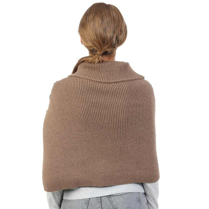 Taupe Button Pointed Slit Turtleneck Knit Shawl Scarf, with the latest trend in ladies' outfit cover-up! the high-quality knit shawl poncho scarf is soft, comfortable, and warm but lightweight. It's perfect for your daily, casual, party, evening, and other special events outfits. A fantastic gift for your friends or family.