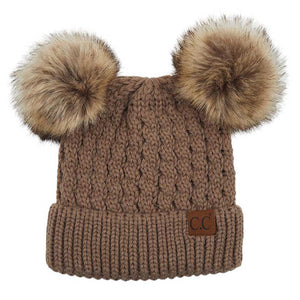Taupe C.C Double Pom Pom All Over Cable Knit Beanie Hat., Stay warm and cozy this winter. Expertly crafted from a premium cable knit fabric, this stylish beanie provides maximum insulation and breathability. Two pom poms on top add a touch of flair to your look. Perfect for chilly winter days, this is an ideal winter gift. 