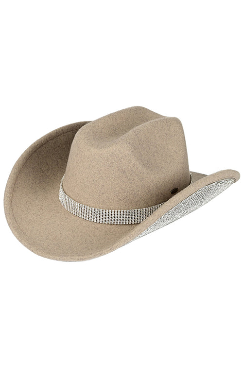 C.C Rhinestone Trim Vegan Cowboy Hat - Taupe