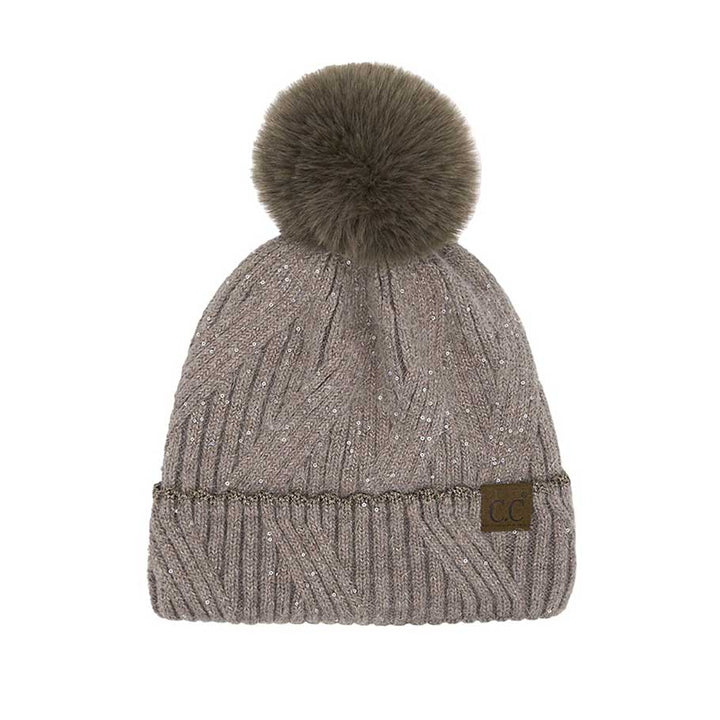 Taupe C.C Sequin with Pom Beanie Hat, stay cozy and stylish this winter with our unique beanie hat. Crafted from a soft and comfortable material. It's the autumnal touch you need to finish your outfit in style. Awesome winter gift accessory for birthdays, Christmas, holidays, anniversaries, family, and loved ones.