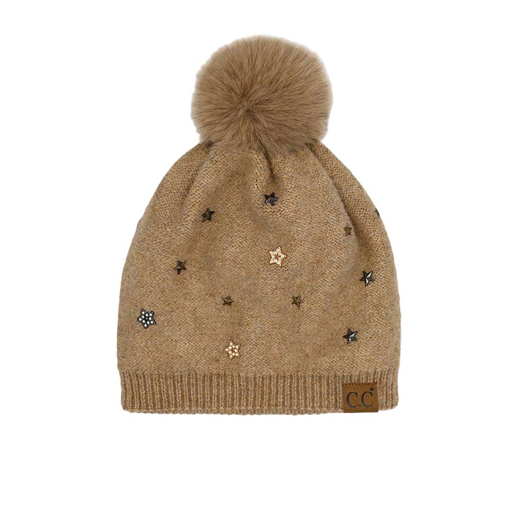 Taupe C.C Star Stud Pom Beanie, is perfect for winter weather. It's the perfect winter touch you need to finish your outfit in style. Awesome winter gift accessory for Birthday, Christmas, Stocking Stuffer, Secret Santa, Holiday, Anniversary, or Valentine's Day to your friends, family, and loved ones.