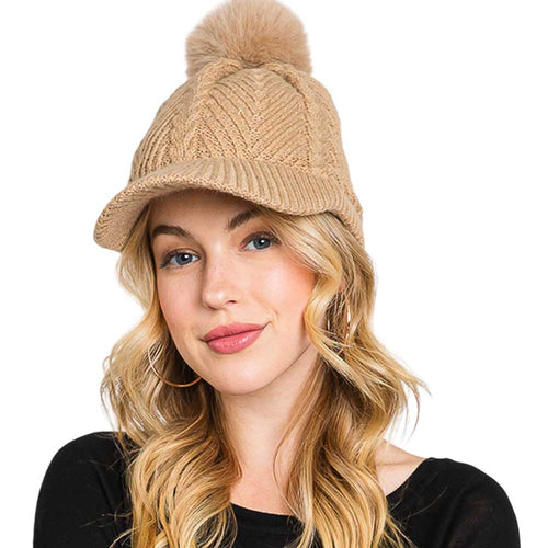 Chevron Patterned Faux Fur Pom Pom Knit Cap - Taupe