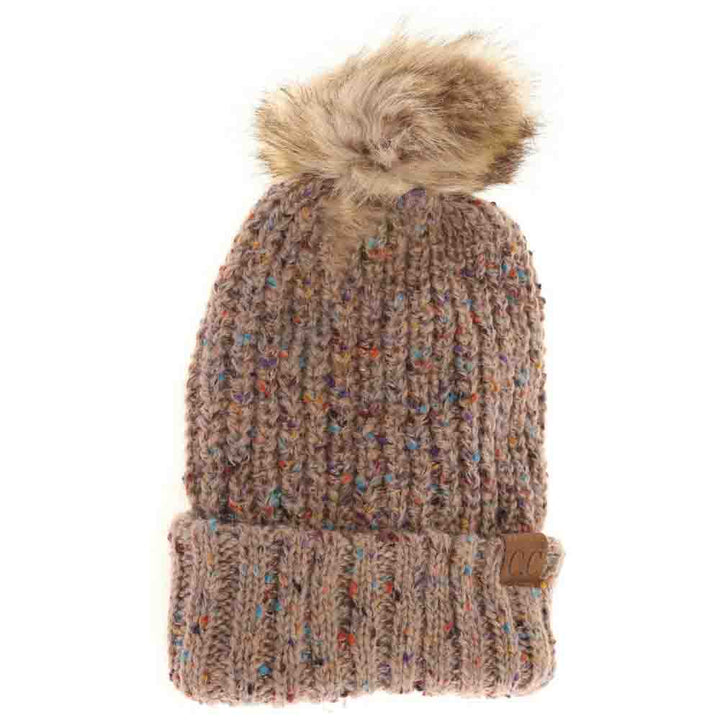 Taupe Confetti Mohair Ribbed Fur Pom C.C Beanie combines cozy warmth with stylish texture. Crafted with a soft mohair blend, its ribbed design offers a comfortable, snug fit that retains heat. Topped with a luxurious fur pom, this beanie adds a sophisticated touch to any cold-weather outfit while ensuring superior comfort and durability. Ideal for both casual and refined winter wear.