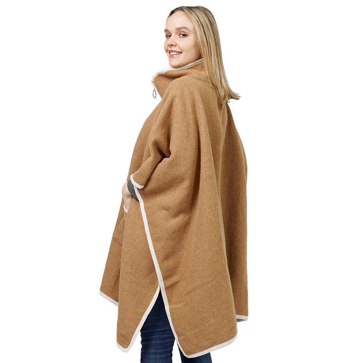 Taupe Contrast Trimmed Zip Up Cape Poncho, is delicate, warm, on-trend & fabulous, a luxe addition to any cold-weather ensemble. Great for daily wear in the cold winter to protect you against the chill, classic infinity-style zip-up poncho. Perfect Gift for wife, mom, birthday, holiday, etc.