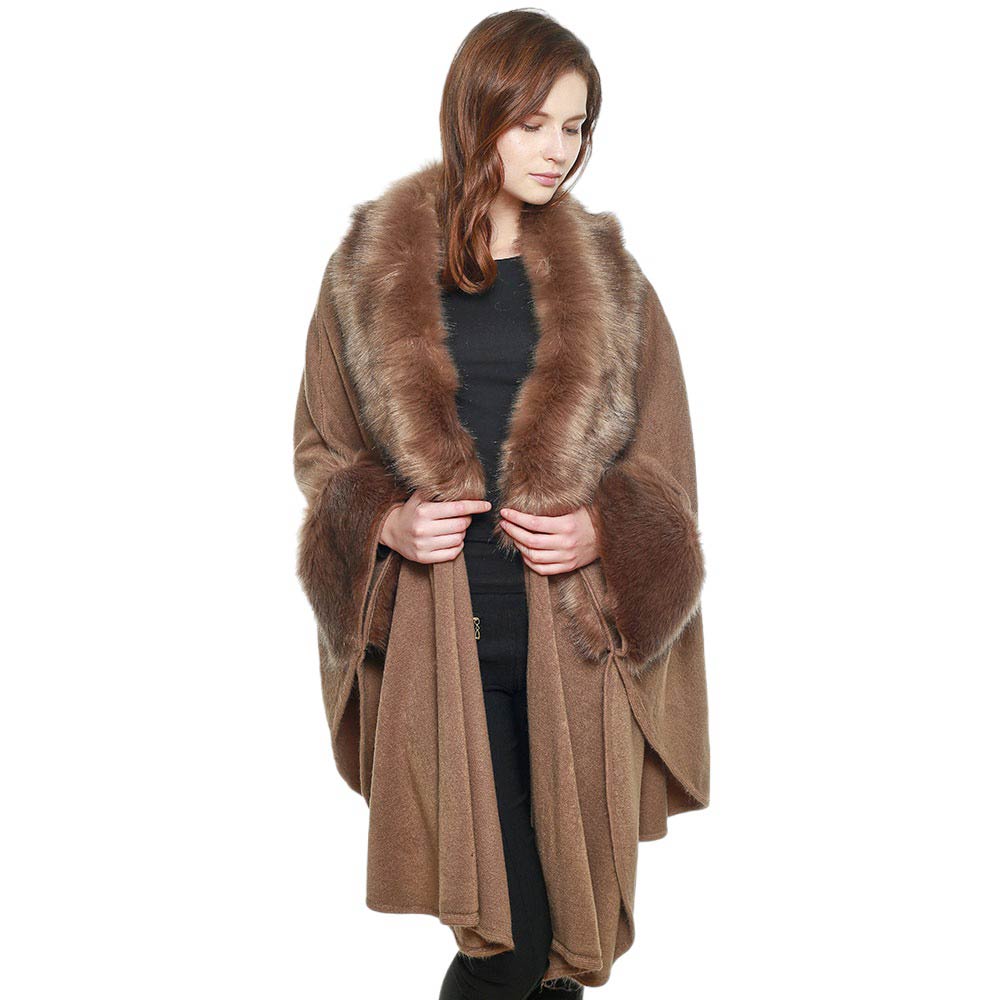 Ivory Faux Fur Trim Shawl Poncho, will keep you warm and stylish! Luxuriously soft, it features a classic shawl design and is lined with plush faux fur trim for added warmth and style. Perfect for making a chic statement on chilly days. Best gift choice for family members and friends in winter.