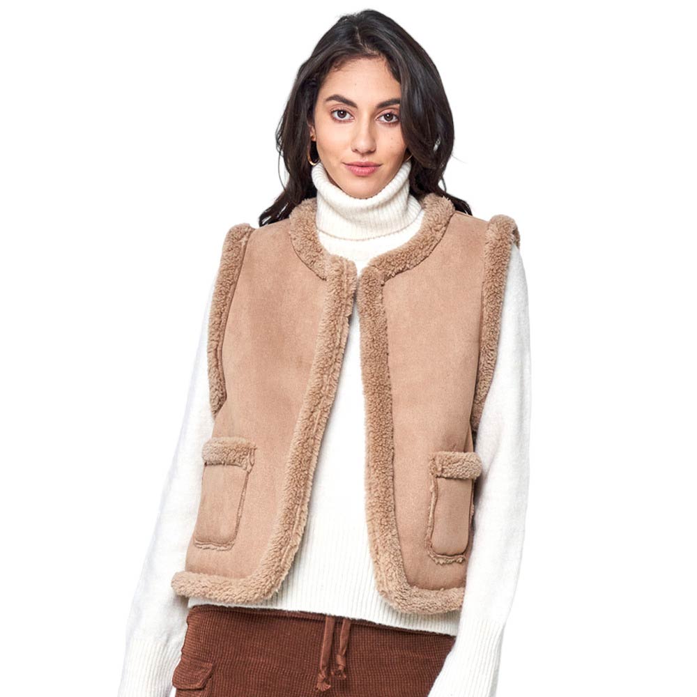 Camel Faux Suede Sherpa Vest, Stay warm in style with this fashionable vest. Thanks to the Sherpa lining, you can stay warm and cozy no matter the weather. The fashionable design features an outer shell of faux suede and a classic collar. Perfect for those who want to chill out in the winter evenings. 
