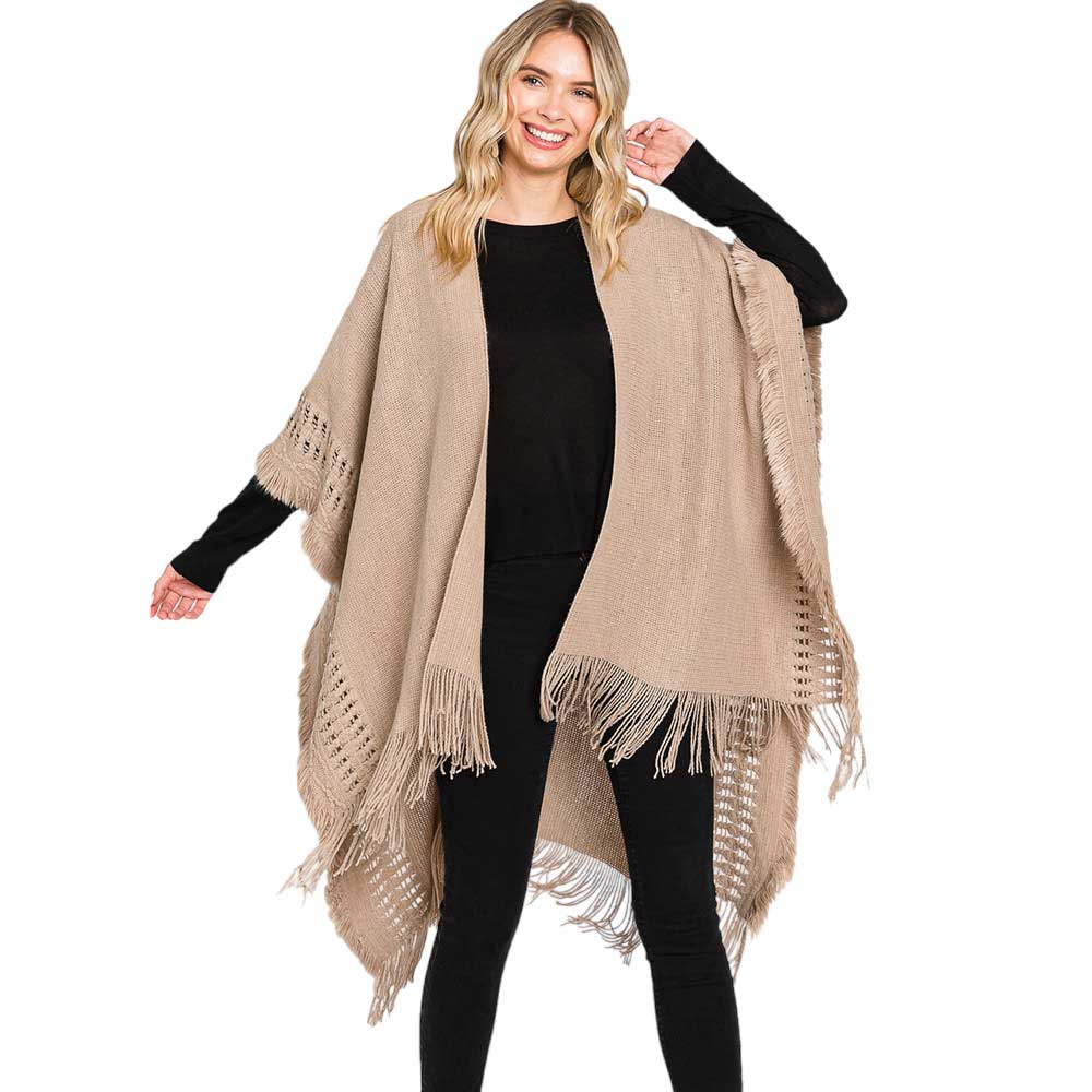 Taupe Fringe Cut Out Knit Ruana Poncho, with the latest trend in ladies' outfit cover-up! the high-quality knit poncho is soft, comfortable, and warm but lightweight. It's perfect for your daily, casual, party, evening, vacation, and other special events outfits. A fantastic gift for your friends or family.