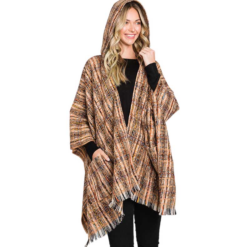 Taupe Hooded Plaid Check Patterned Front Pockets Fringe Ruana Poncho, this soft plaid check patterned front pockets hoodie cape hits a ‘fashion home run’- on the outside and the same inside for super warmth and comfort. You can wear it on any casual outfit! Perfect Gift for wife, mom, birthday, holiday, anniversary.