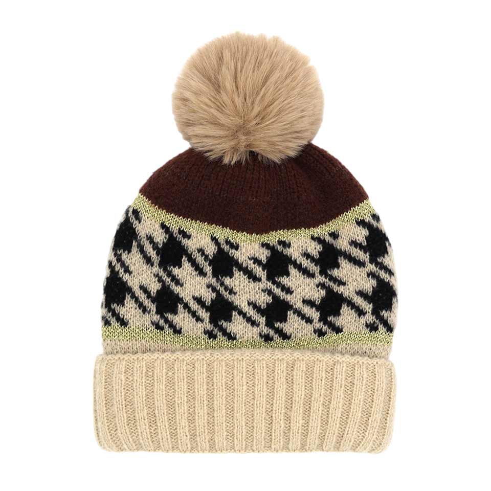 Taupe Houndstooth Patterned Pom Pom Beanie Hat, wear this beautiful beanie hat with any ensemble for the perfect finish before running out the door into the cool air. An awesome winter gift accessory and the perfect gift item for Birthdays, Stocking stuffers, Secret Santa, holidays, anniversaries, Valentine's Day, etc.