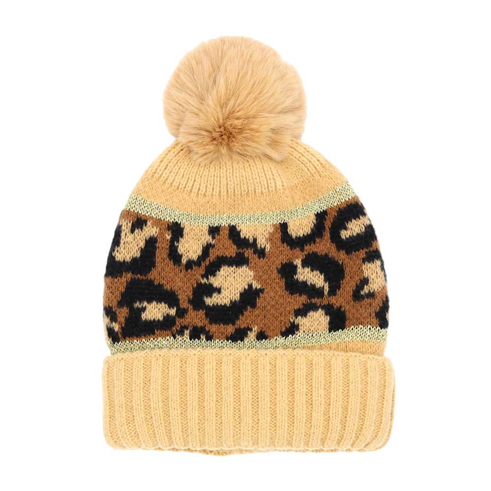 Taupe Leopard Patterned Pom Pom Beanie Hat, wear this beautiful beanie hat with any ensemble for the perfect finish before running out the door into the cool air. An awesome winter gift accessory and the perfect gift item for Birthdays, Stocking stuffers, Secret Santa, holidays, anniversaries, Valentine's Day, etc.