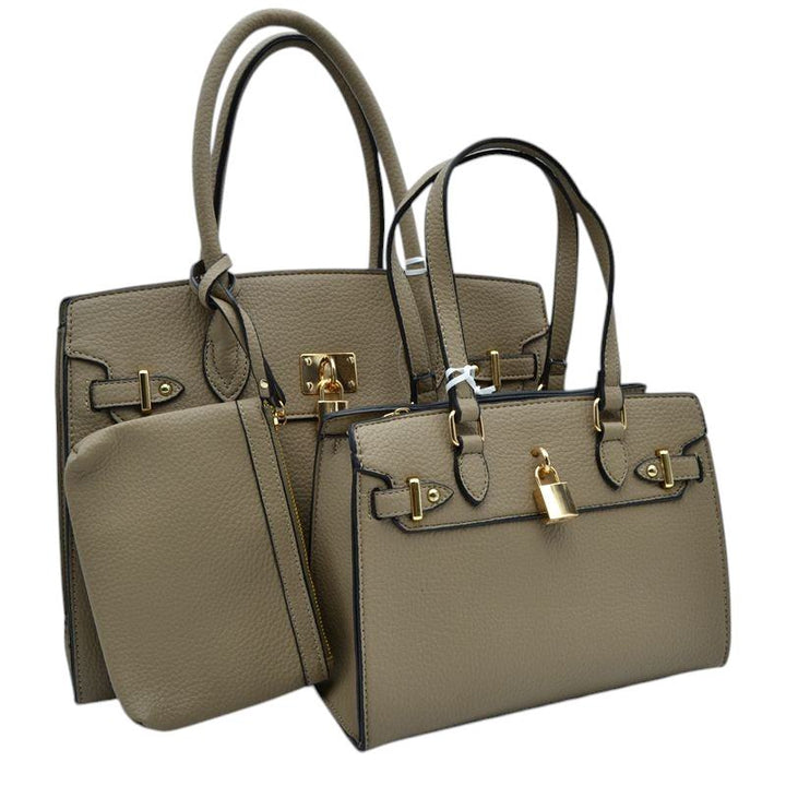 Taupe-Padlock Accent 3 in 1 Twin Tote-Satchel Value Set includes a wallet for added convenience. With a stylish padlock accent, this set is perfect for everyday use and travel. Made with high-quality materials, it offers durability and functionality. Get both fashion and functionality with this value set. 