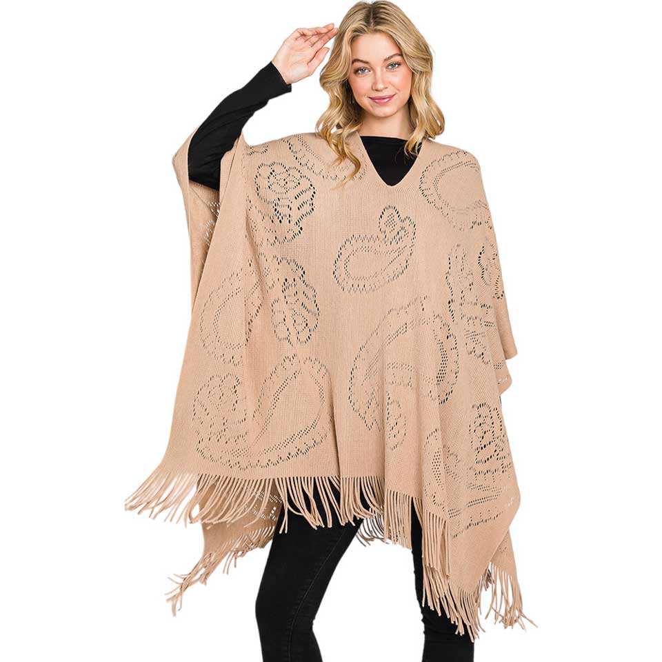 Taupe Paisley Patterned Fringe Poncho, with the latest trend in ladies' outfit cover-up! the high-quality knit fringe tassel poncho is soft, comfortable, and warm but lightweight. It's perfect for your daily, casual, party, evening, vacation, and other special events outfits. A fantastic gift for your friends or family.