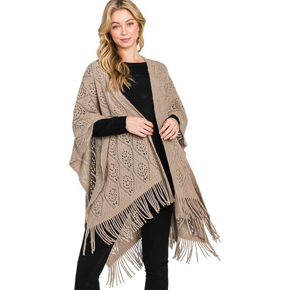 Ivory Patterned Fringe Ruana Poncho, with the latest trend in ladies' outfit cover-up! the high-quality knit ruana poncho is soft, comfortable, and warm but lightweight. It's perfect for your daily, casual, party, evening, vacation, and other special events outfits. A fantastic gift for your friends or family.