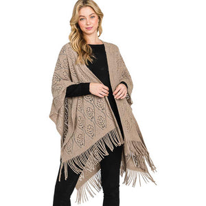 Taupe Patterned Fringe Ruana Poncho, with the latest trend in ladies' outfit cover-up! the high-quality knit ruana poncho is soft, comfortable, and warm but lightweight. It's perfect for your daily, casual, party, evening, vacation, and other special events outfits. A fantastic gift for your friends or family.