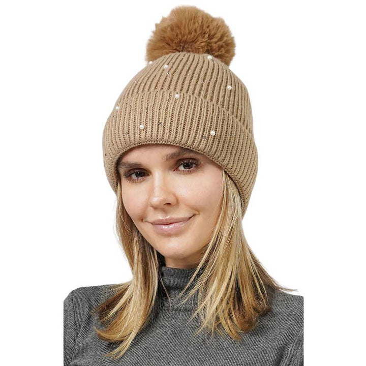 Taupe Pearl Embellished Lining Knit Pom Pom Beanie Hat, wear this beautiful beanie hat with any ensemble for the perfect finish before running out the door into the cool air. An awesome winter gift accessory and the perfect gift item for Birthdays, Christmas, Stocking stuffers, holidays, anniversaries, Valentine's Day, etc.