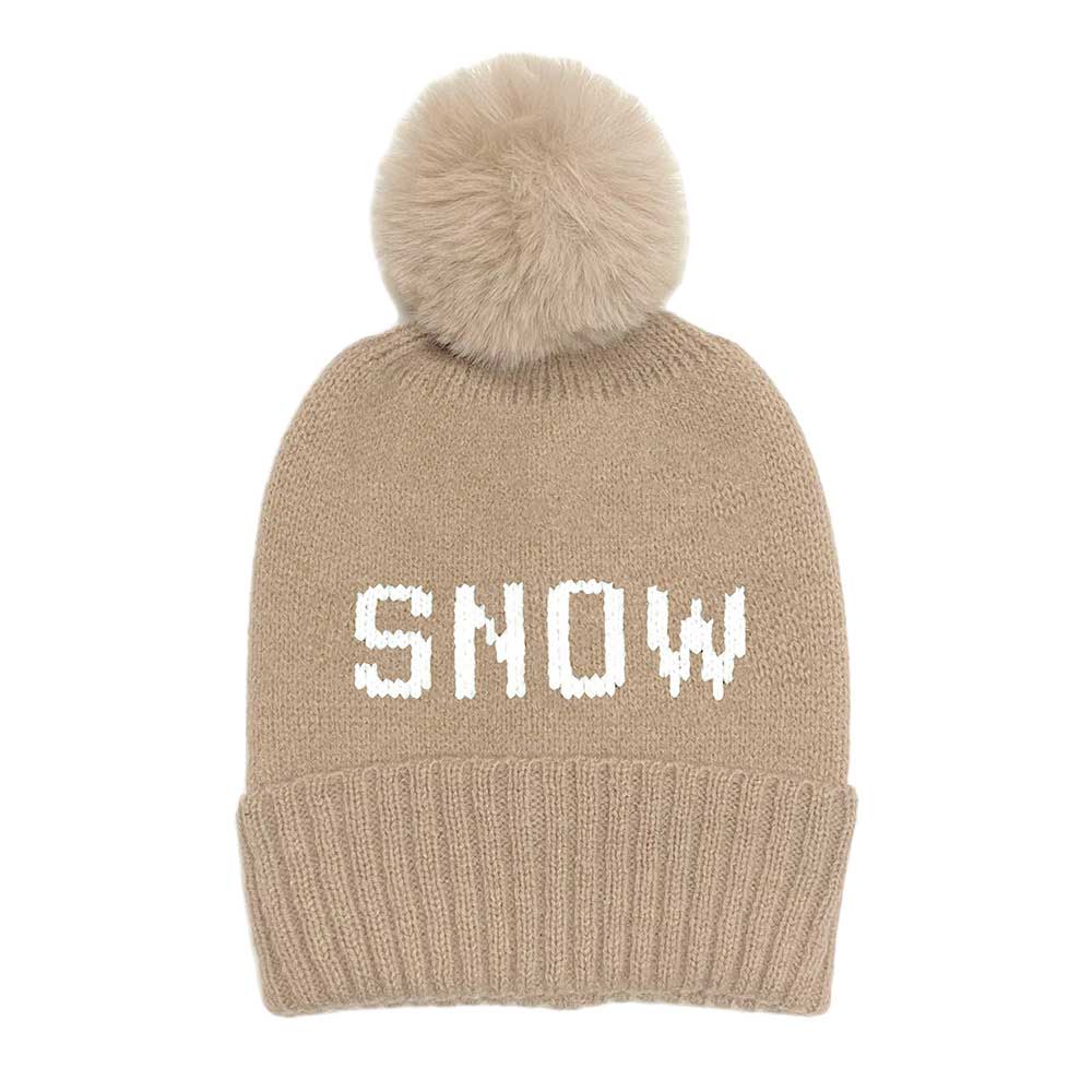 Taupe Snow Message Faux Fur Pom Pom Cable Knit Beanie Hat, Keep your head warm and stylish this winter with this hat. This fashionable beanie is made from soft, cable-knit fabric. Perfect gift choice in winter days for young adults, fashion forwarded friends & family members, teenagers, fashion enthusiasts, and yourself.