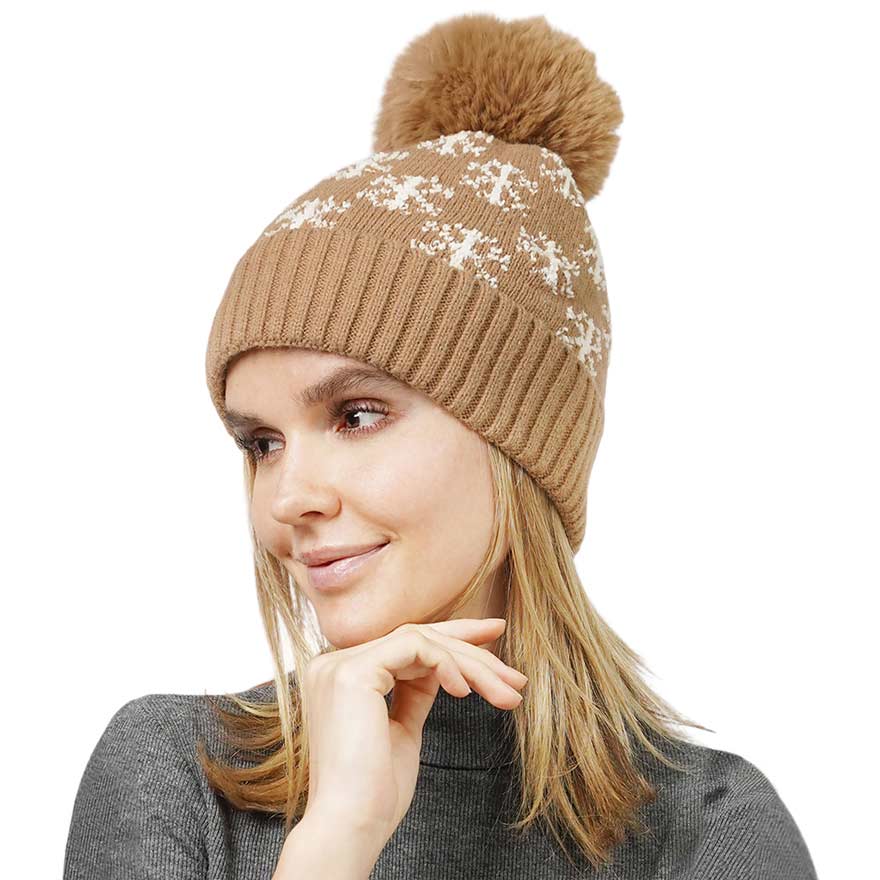 Taupe Snowflake Patterned Faux Fur Lining Knit Pom Pom Beanie Hat, wear this beautiful hat with any ensemble for the perfect finish before running out the door into the cool air. It's an excellent gift for your friends, family, or loved ones. This is the perfect gift for Christmas, especially for your friends and family.