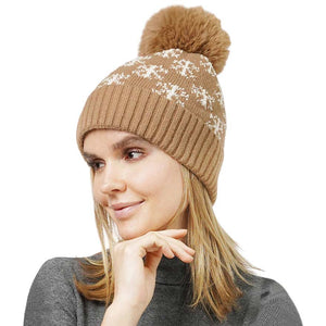 Taupe Snowflake Patterned Faux Fur Lining Knit Pom Pom Beanie Hat, wear this beautiful hat with any ensemble for the perfect finish before running out the door into the cool air. It's an excellent gift for your friends, family, or loved ones. This is the perfect gift for Christmas, especially for your friends and family.