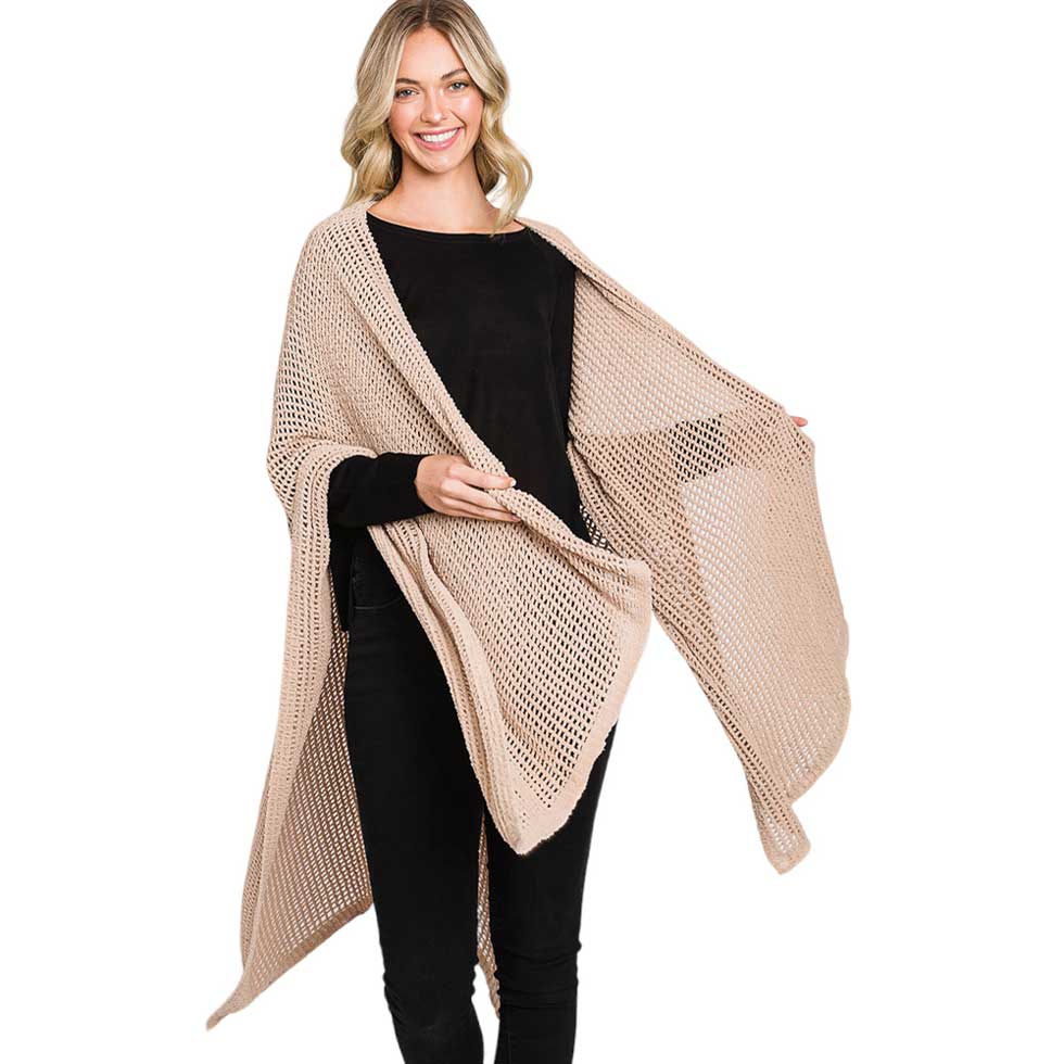 Taupe Solid Chenille Crochet Ruana Poncho, with the latest trend in ladies' outfit cover-up! the high-quality knit ruana poncho is soft, comfortable, and warm but lightweight. It's perfect for your daily, casual, party, evening, vacation, and other special events outfits. A fantastic gift for your friends or family.