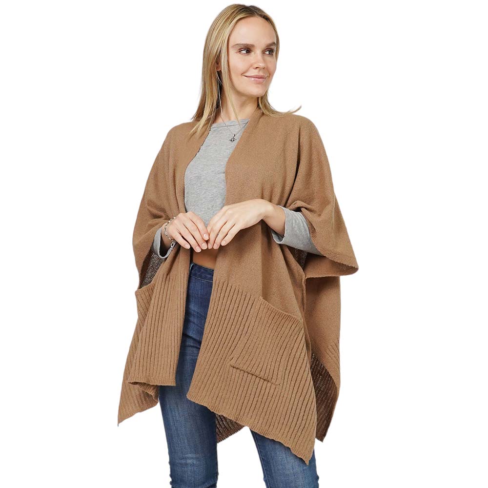 Taupe Solid Knit Front Pockets Vest Poncho, With the latest trend in ladies' outfit cover-up! the high-quality knit poncho is soft, comfortable, and warm but lightweight. It's perfect for your daily, casual, party, evening, vacation, and other special events outfits. A fantastic gift for your friends or family.