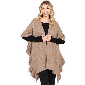 Taupe Solid Ruffle Knit Ruana Poncho, with the latest trend in ladies' outfit cover-up! the high-quality knit ruana poncho is soft, comfortable, and warm but lightweight. It's perfect for your daily, casual, party, vacation, and other special events outfits. A fantastic gift for your friends or family.