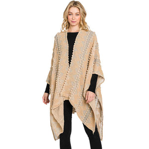 Taupe Tiny Pom Pom Embellished Crochet Ruana Poncho, with the latest trend in ladies' outfit cover-up! the high-quality knit poncho is soft, comfortable, and warm but lightweight. It's perfect for your daily, casual, party, evening, vacation, and other special events outfits. A fantastic gift for your friends or family.