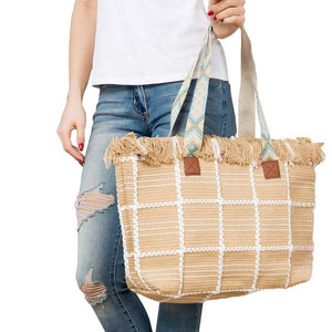 Taupe Top Fringe Pointed Check Patterned Tote Bag, this tote bag is versatile enough for carrying through the week. Simple and leisurely, elegant and fashionable, suitable for women of all ages to carry around all day. Perfect for traveling, beach, shopping, camping, dating, and other outdoor activities in daily life.