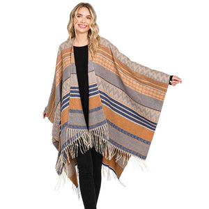 Taupe Trendy Aztec Patterned Fringe Ruana Poncho, with the latest trend in ladies' outfit cover-up! the high-quality knit poncho is soft, comfortable, and warm but lightweight. It's perfect for your daily, casual, party, evening, vacation, and other special events outfits. A fantastic gift for your friends or family.
